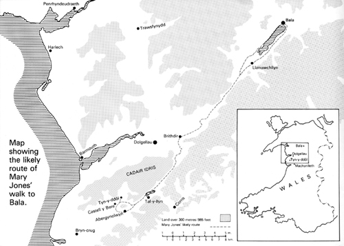 Map of Mary Jones's route to Bala